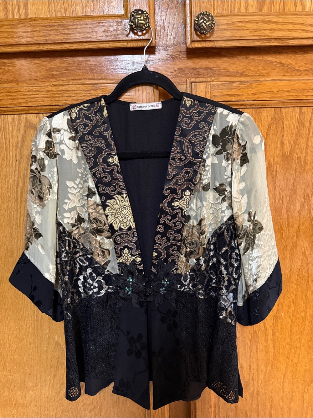Mixed Lace & Floral V-Neck Blouse by Spencer Alexis in Black and Cream